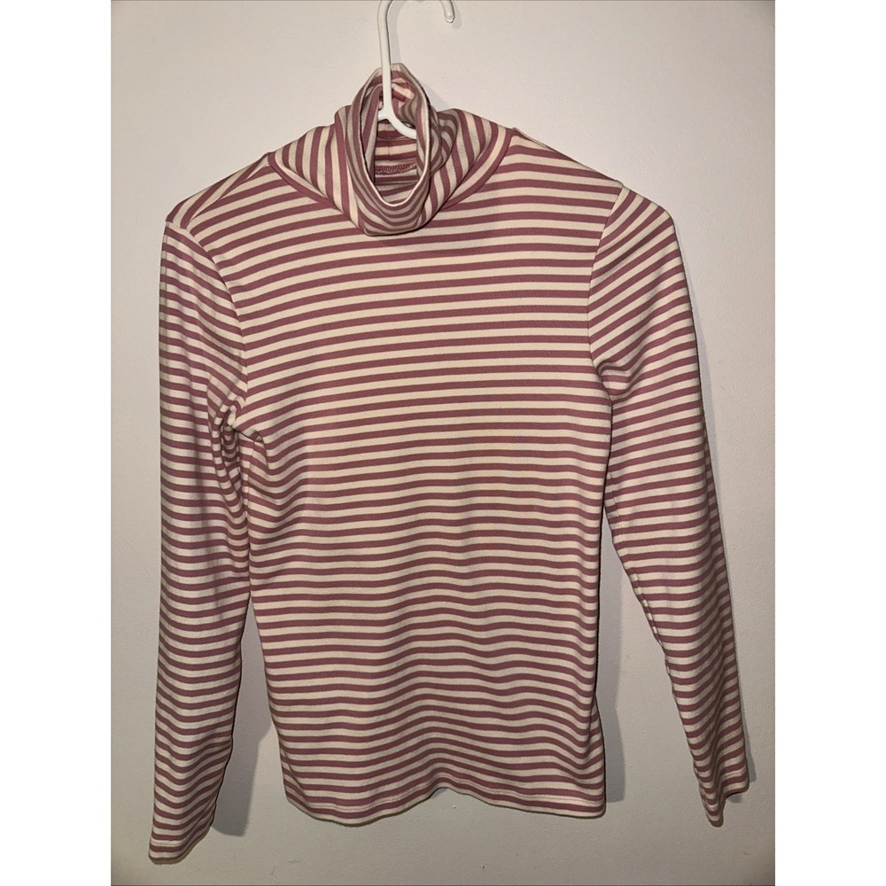 J.CREW Women's Striped Turtleneck T-Shirt Long Sleeve, 100% Cotton, Medium Pink